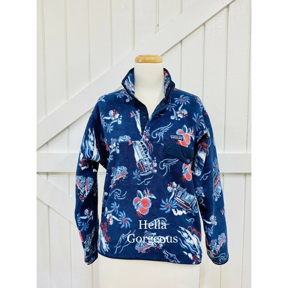 Patagonia M Blue Aloha Rickshaw Synchilla Snap T Fleece C-Street Hawaiian Floral